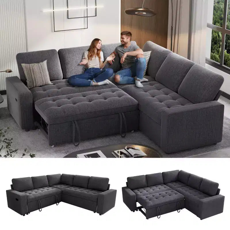 Dyonery 5 Seat L Shaped Modular Sectional Sleeper Sofa Bed with Pull Out Bed/USB Ports/Adjustable Backrest/Storage, Tool-Free Assembly