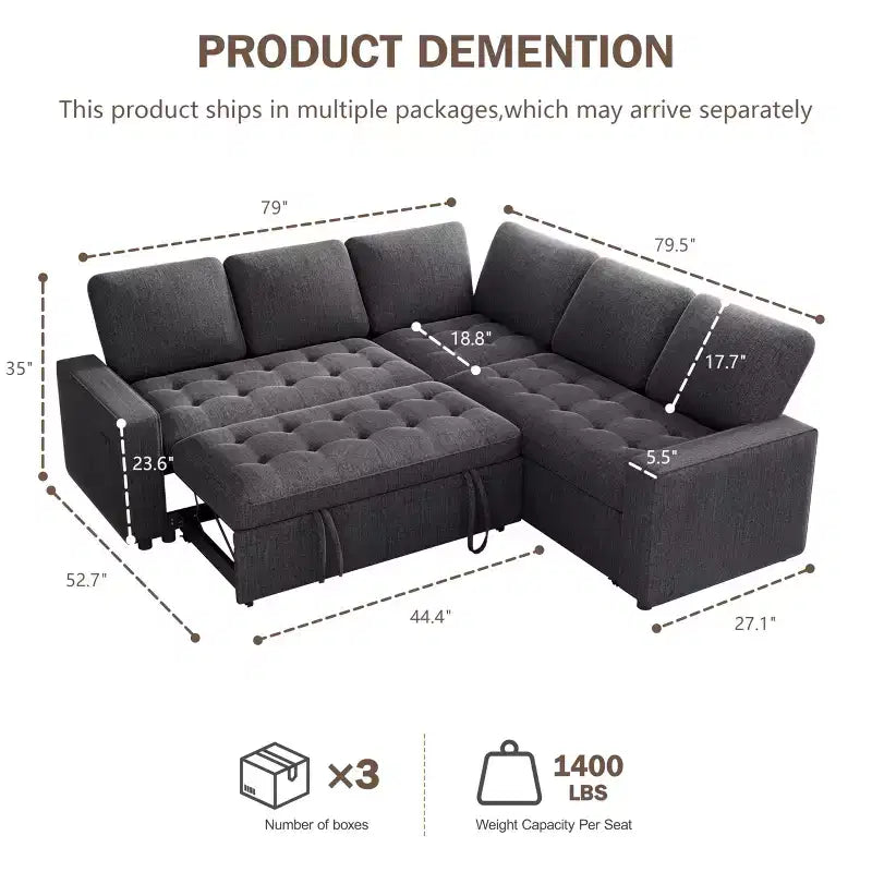 Dyonery 5 Seat L Shaped Modular Sectional Sleeper Sofa Bed with Pull Out Bed/USB Ports/Adjustable Backrest/Storage, Tool-Free Assembly