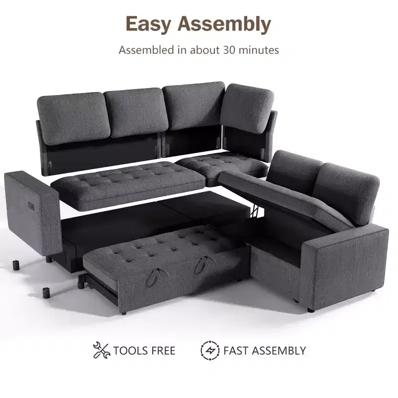 Dyonery 5 Seat L Shaped Modular Sectional Sleeper Sofa Bed with Pull Out Bed/USB Ports/Adjustable Backrest/Storage, Tool-Free Assembly