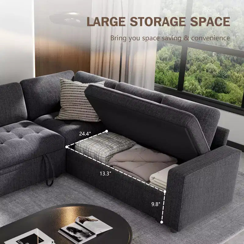 Dyonery 5 Seat L Shaped Modular Sectional Sleeper Sofa Bed with Pull Out Bed/USB Ports/Adjustable Backrest/Storage, Tool-Free Assembly