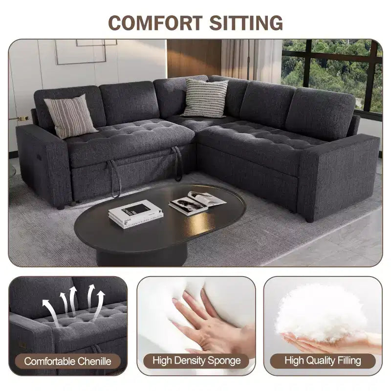 Dyonery 5 Seat L Shaped Modular Sectional Sleeper Sofa Bed with Pull Out Bed/USB Ports/Adjustable Backrest/Storage, Tool-Free Assembly