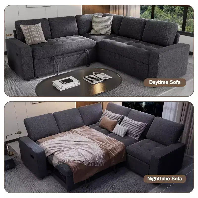 Dyonery 5 Seat L Shaped Modular Sectional Sleeper Sofa Bed with Pull Out Bed/USB Ports/Adjustable Backrest/Storage, Tool-Free Assembly