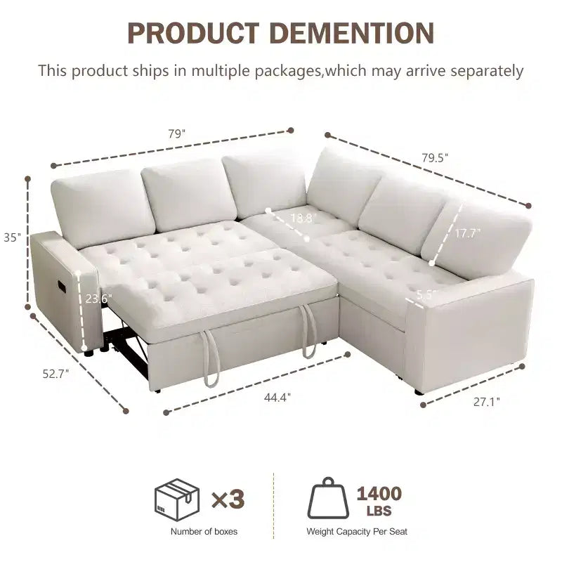 Dyonery 5 Seat L Shaped Modular Sectional Sleeper Sofa Bed with Pull Out Bed/USB Ports/Adjustable Backrest/Storage, Tool-Free Assembly