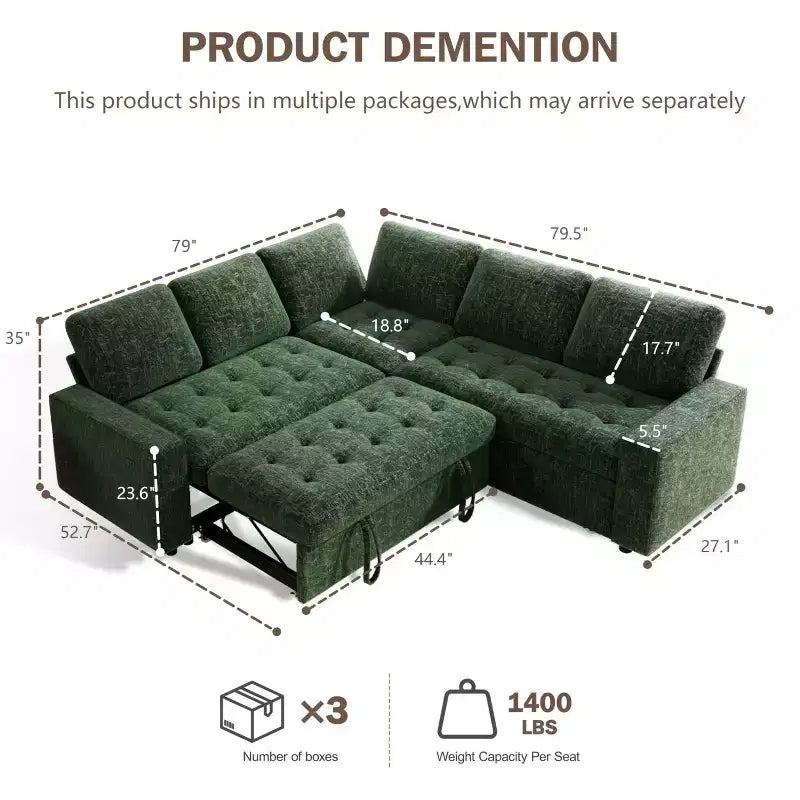 Dyonery 5 Seat L Shaped Modular Sectional Sleeper Sofa Bed with Pull Out Bed/USB Ports/Adjustable Backrest/Storage, Tool-Free Assembly