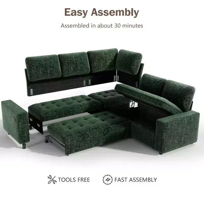 Dyonery 5 Seat L Shaped Modular Sectional Sleeper Sofa Bed with Pull Out Bed/USB Ports/Adjustable Backrest/Storage, Tool-Free Assembly