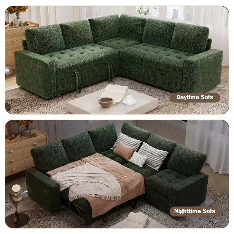 Dyonery 5 Seat L Shaped Modular Sectional Sleeper Sofa Bed with Pull Out Bed/USB Ports/Adjustable Backrest/Storage, Tool-Free Assembly