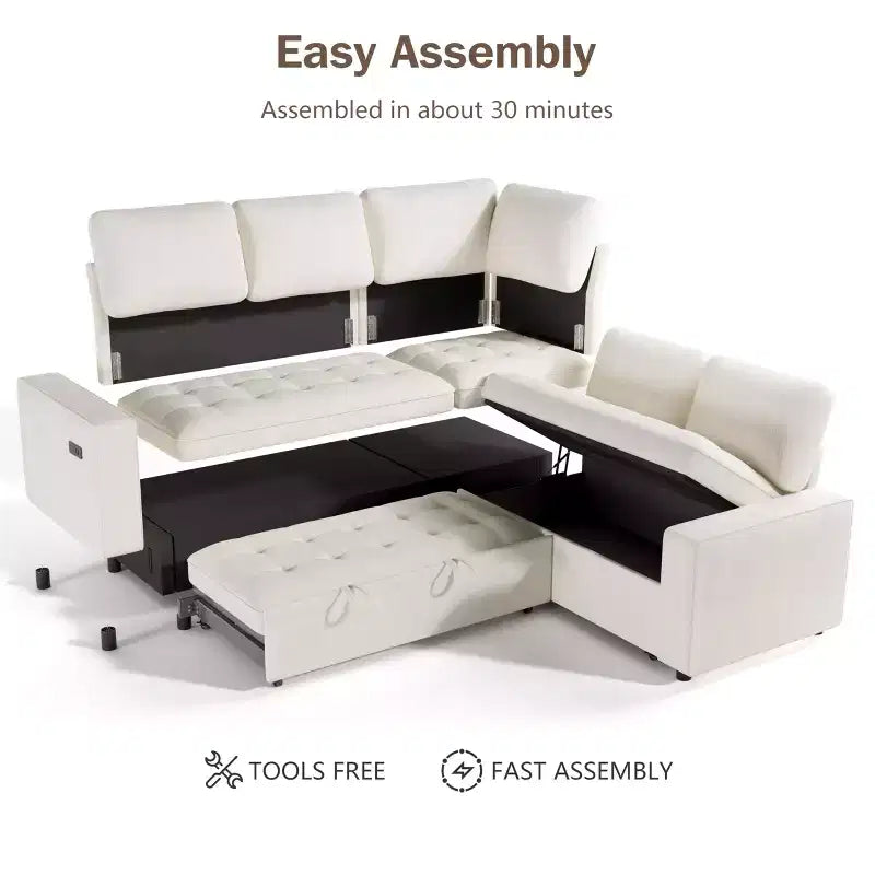Dyonery 5 Seat L Shaped Modular Sectional Sleeper Sofa Bed with Pull Out Bed/USB Ports/Adjustable Backrest/Storage, Tool-Free Assembly