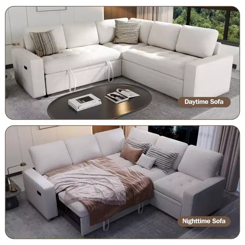 Dyonery 5 Seat L Shaped Modular Sectional Sleeper Sofa Bed with Pull Out Bed/USB Ports/Adjustable Backrest/Storage, Tool-Free Assembly