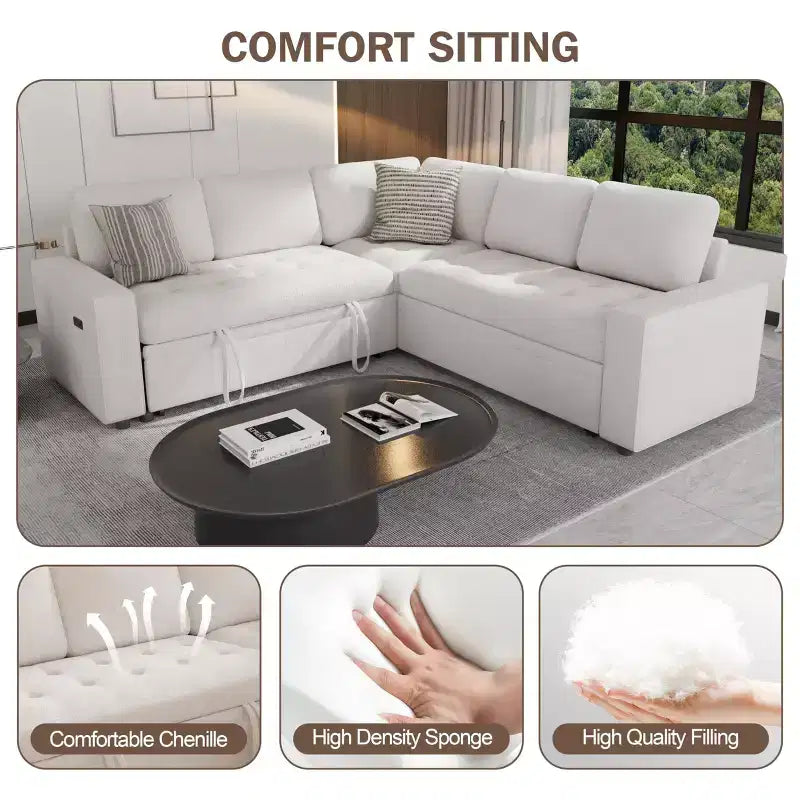 Dyonery 5 Seat L Shaped Modular Sectional Sleeper Sofa Bed with Pull Out Bed/USB Ports/Adjustable Backrest/Storage, Tool-Free Assembly