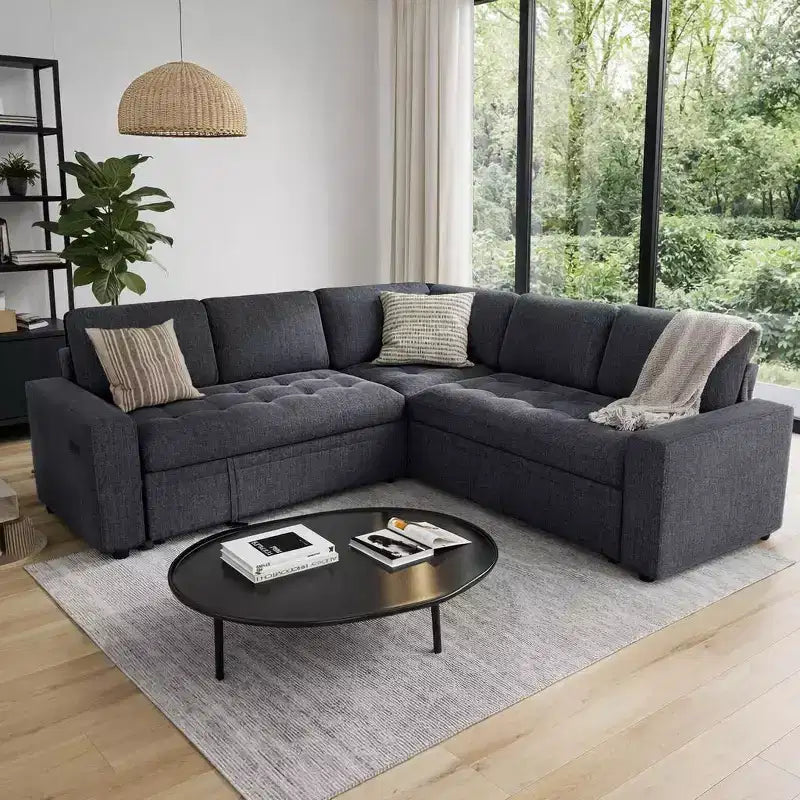 Dyonery 5 Seat L Shaped Modular Sectional Sleeper Sofa Bed with Pull Out Bed/USB Ports/Adjustable Backrest/Storage, Tool-Free Assembly