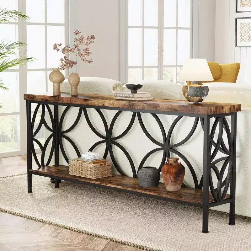 Lantine 70.9-Inch Narrow Sofa Table, Industrial Long Sofa Table Behind Couch with Storage for Entryway, Living Room, Foyer, Rustic Brown
