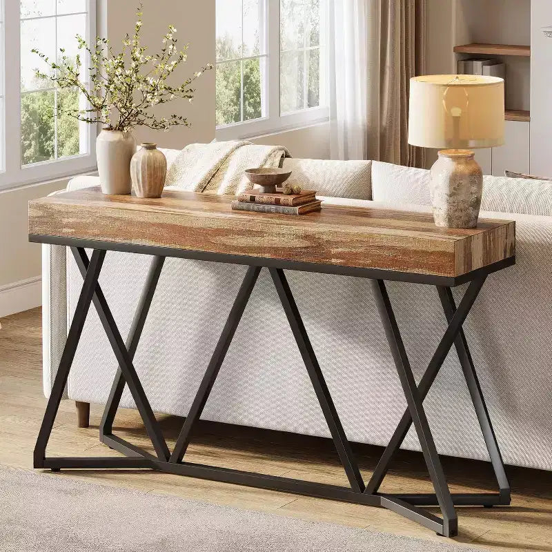 Lantine 55 Console Tables for Entryway, Industrial Wooden Sofa Table, Entryway Furniture with Geometric Metal Base for Living Room, Entrance, Hallway