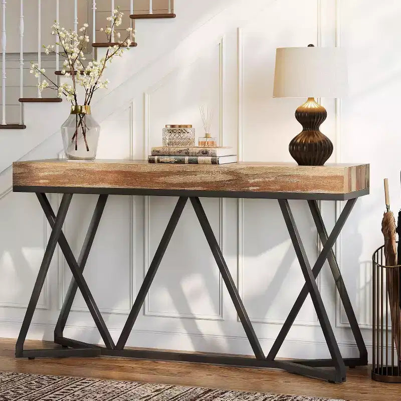 Lantine 55 Console Tables for Entryway, Industrial Wooden Sofa Table, Entryway Furniture with Geometric Metal Base for Living Room, Entrance, Hallway