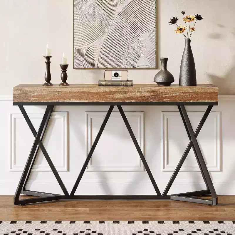 Lantine 55 Console Tables for Entryway, Industrial Wooden Sofa Table, Entryway Furniture with Geometric Metal Base for Living Room, Entrance, Hallway