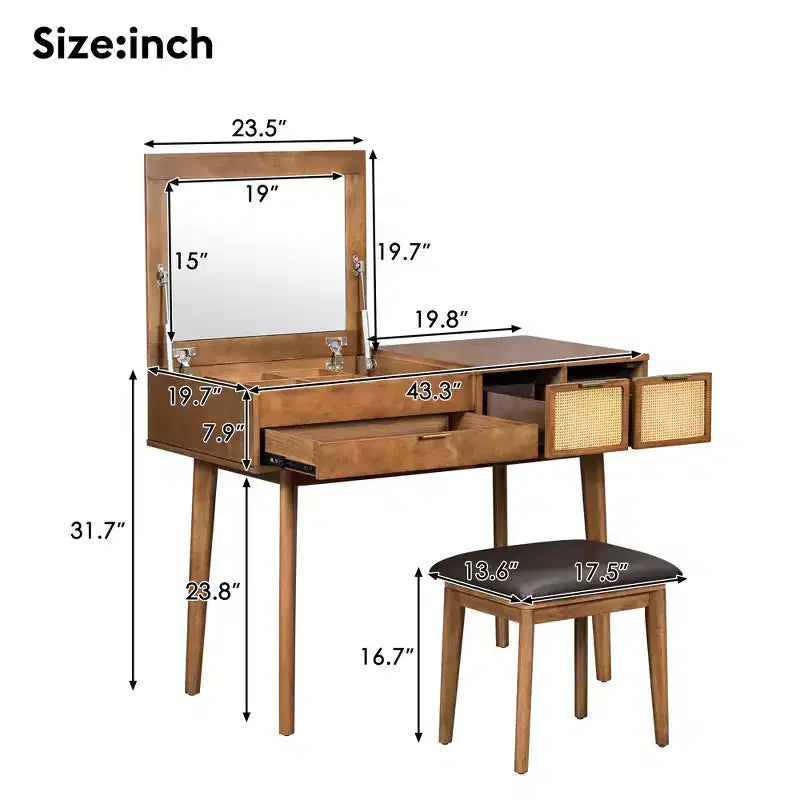 GDFStudio Vita Classic Wood Flip-Top Makeup Vanity Set with Hidden Mirror, 3 Storage Drawers and Cushioned Stool