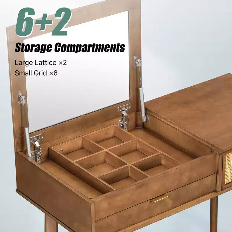 GDFStudio Vita Classic Wood Flip-Top Makeup Vanity Set with Hidden Mirror, 3 Storage Drawers and Cushioned Stool