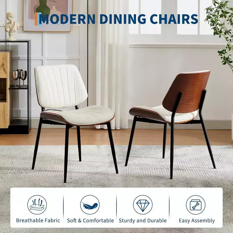 Four-person dining chair set, with leather seat cushion, walnut backrest and metal legs. Suitable for kitchen and dining room. White stripes.