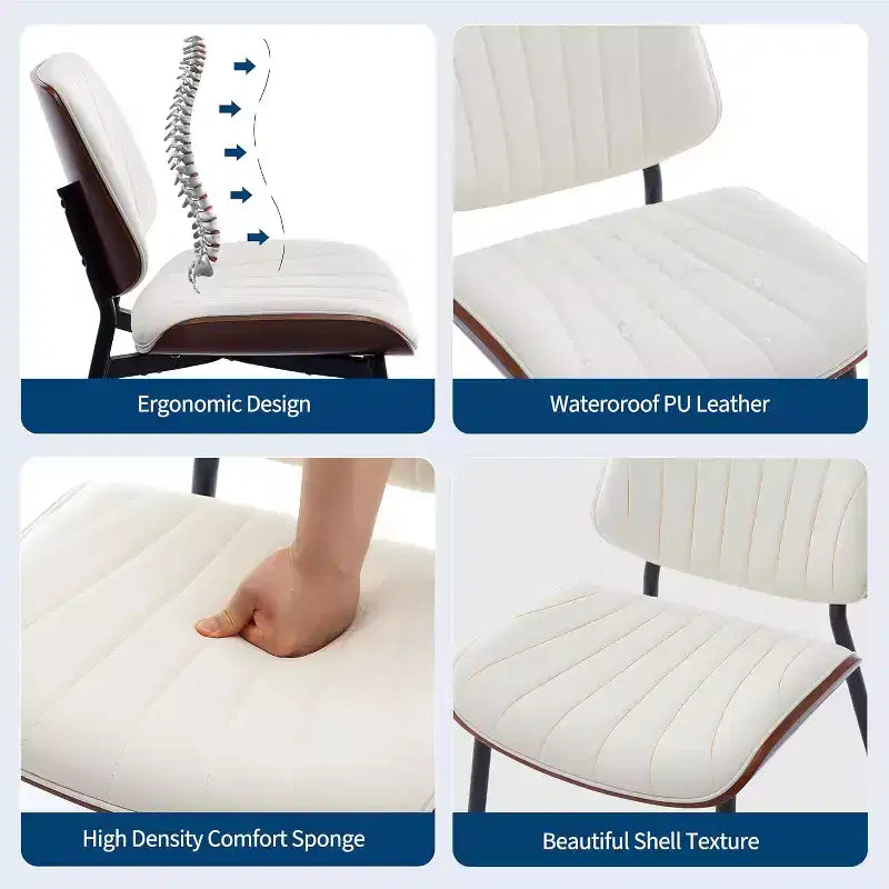 Four-person dining chair set, with leather seat cushion, walnut backrest and metal legs. Suitable for kitchen and dining room. White stripes.