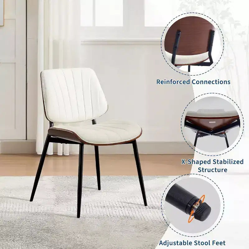 Four-person dining chair set, with leather seat cushion, walnut backrest and metal legs. Suitable for kitchen and dining room. White stripes.