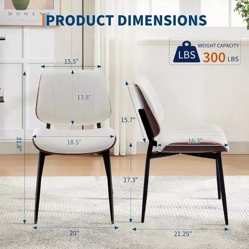Four-person dining chair set, with leather seat cushion, walnut backrest and metal legs. Suitable for kitchen and dining room. White stripes.
