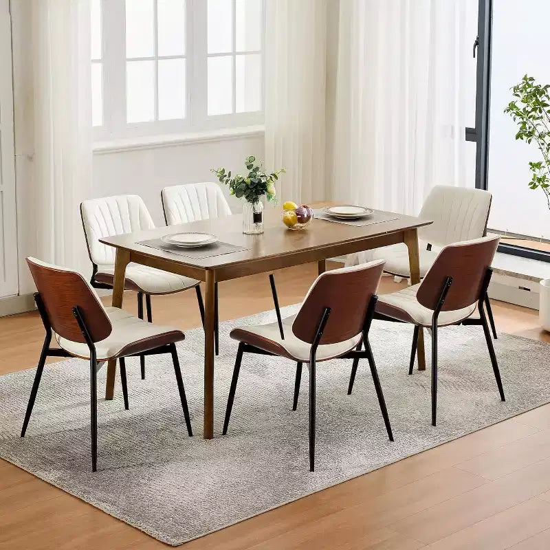 Four-person dining chair set, with leather seat cushion, walnut backrest and metal legs. Suitable for kitchen and dining room. White stripes.