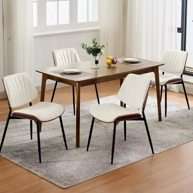 Four-person dining chair set, with leather seat cushion, walnut backrest and metal legs. Suitable for kitchen and dining room. White stripes.