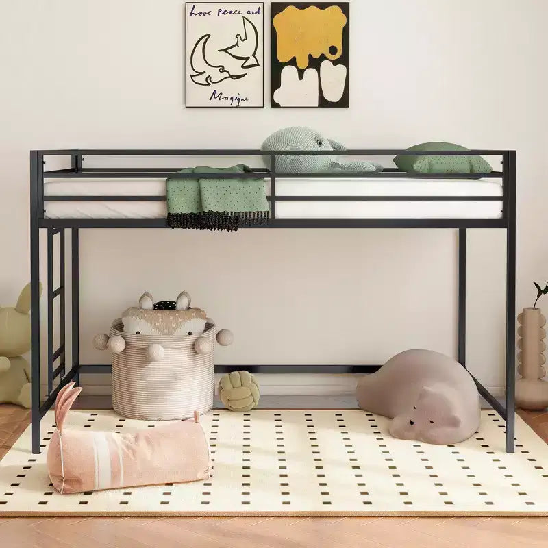 VIYET Twin Size Black Junior Loft Metal Bed - Space-Saving, Ladder, Guardrails, 350LBS Capacity (CPC Certified)
