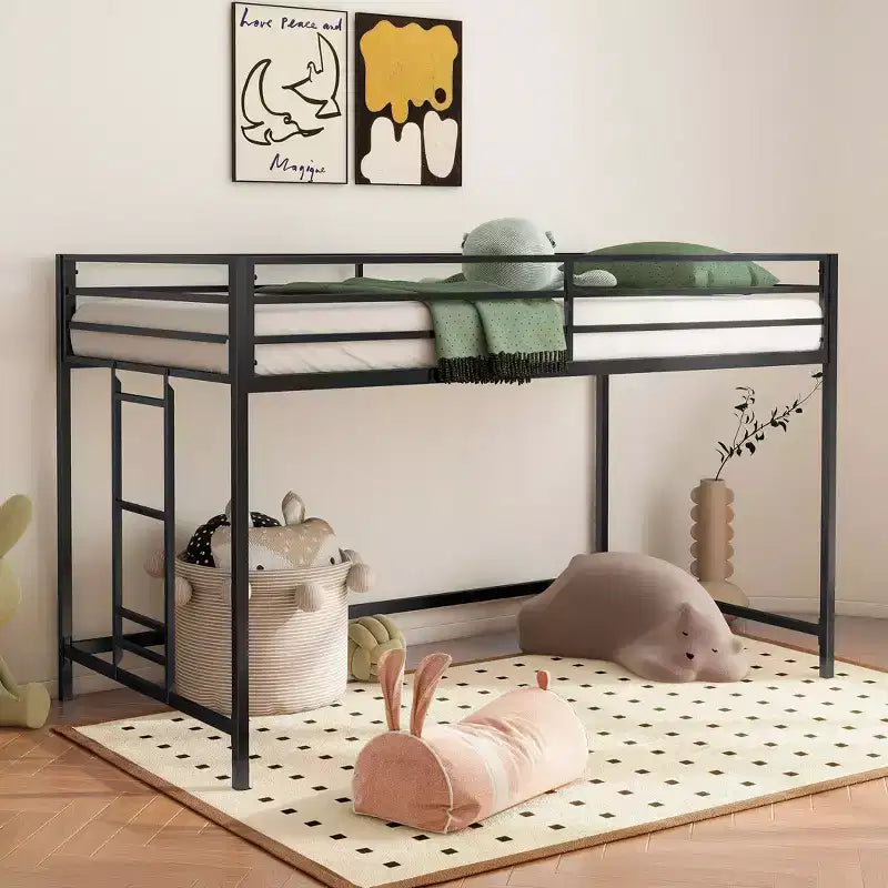 VIYET Twin Size Black Junior Loft Metal Bed - Space-Saving, Ladder, Guardrails, 350LBS Capacity (CPC Certified)