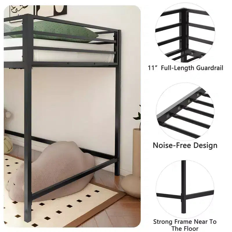 VIYET Twin Size Black Junior Loft Metal Bed - Space-Saving, Ladder, Guardrails, 350LBS Capacity (CPC Certified)
