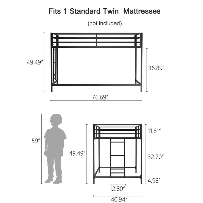 VIYET Twin Size Black Junior Loft Metal Bed - Space-Saving, Ladder, Guardrails, 350LBS Capacity (CPC Certified)