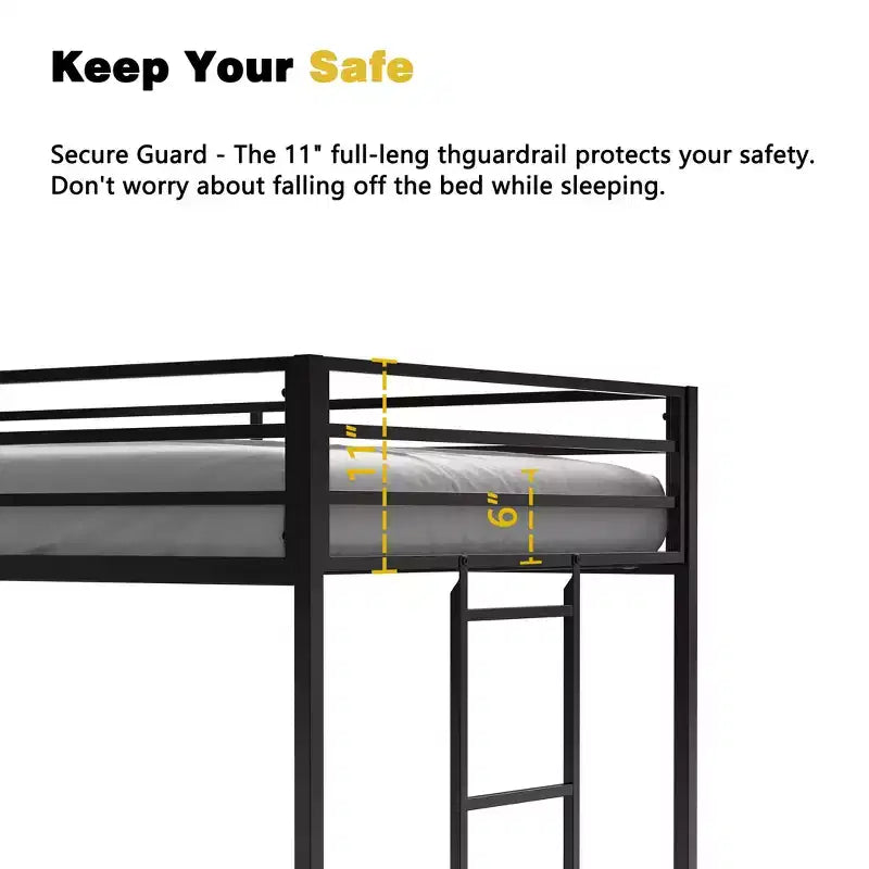 VIYET Twin Size Black Junior Loft Metal Bed - Space-Saving, Ladder, Guardrails, 350LBS Capacity (CPC Certified)