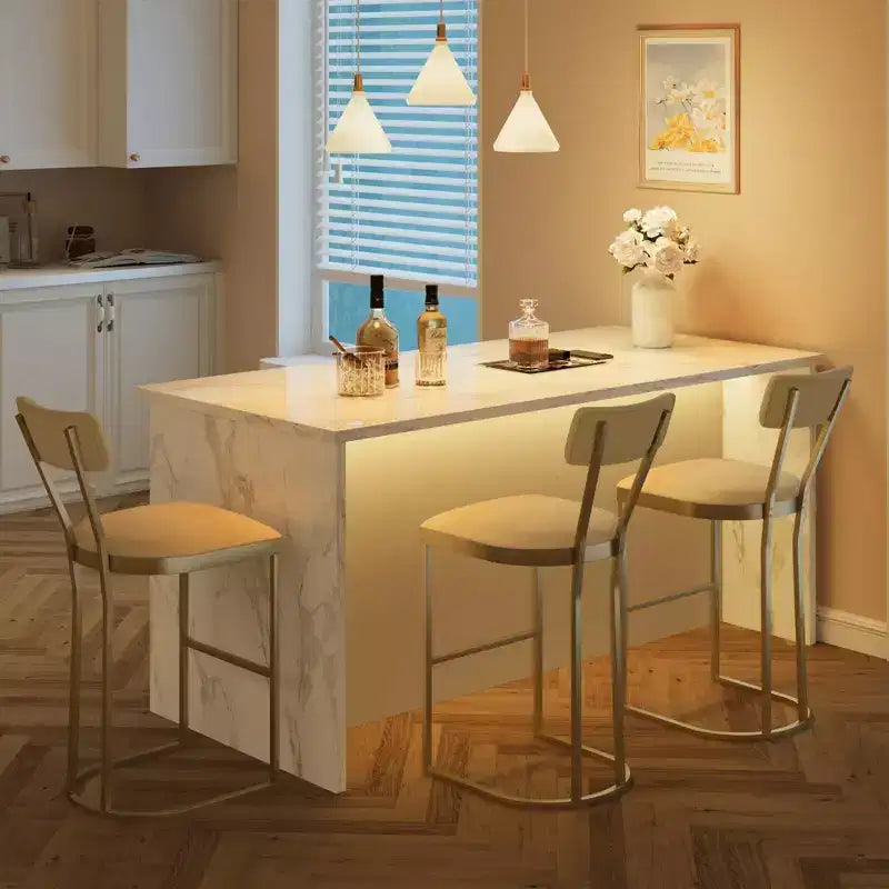 Bar Stools Set of 4  Counter Height Metal Frame with Curved Back, Upholstered Velvet Tall Barstools, Gold, for Kitchen & Dining Room