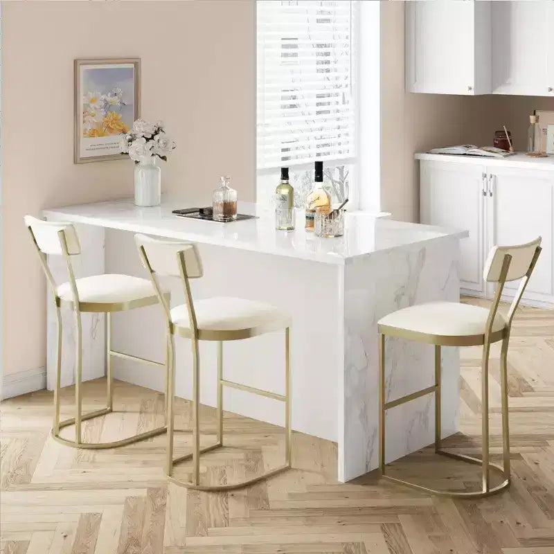Bar Stools Set of 4  Counter Height Metal Frame with Curved Back, Upholstered Velvet Tall Barstools, Gold, for Kitchen & Dining Room