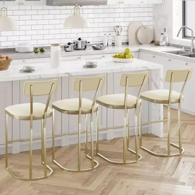 Bar Stools Set of 4  Counter Height Metal Frame with Curved Back, Upholstered Velvet Tall Barstools, Gold, for Kitchen & Dining Room