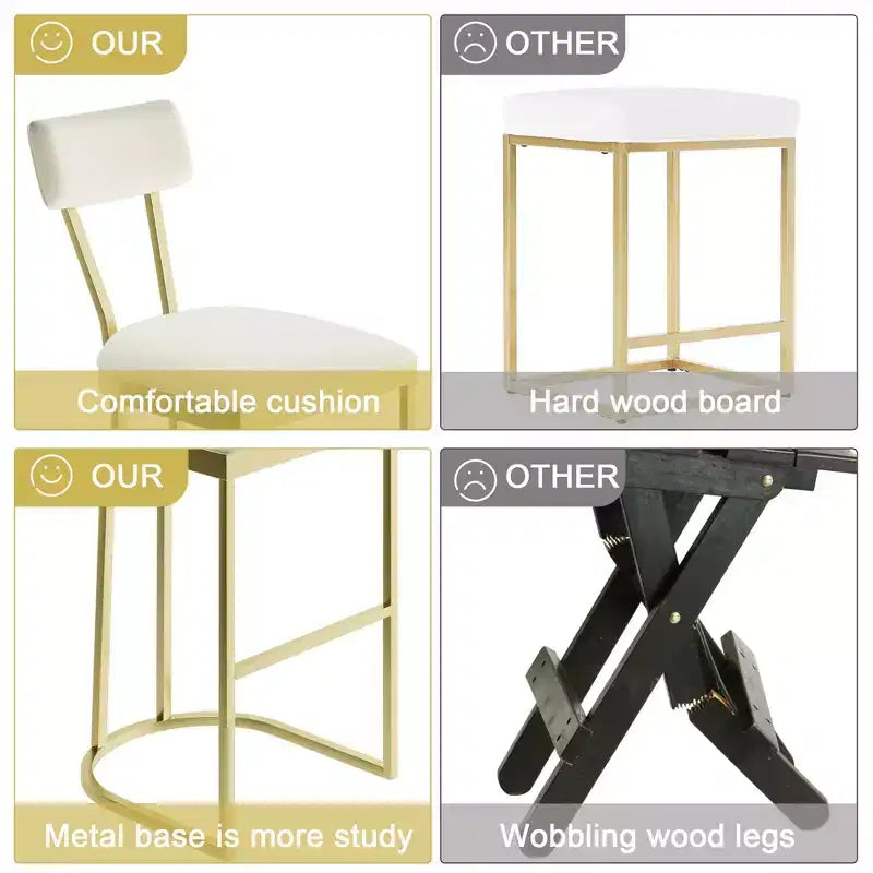 Bar Stools Set of 4  Counter Height Metal Frame with Curved Back, Upholstered Velvet Tall Barstools, Gold, for Kitchen & Dining Room