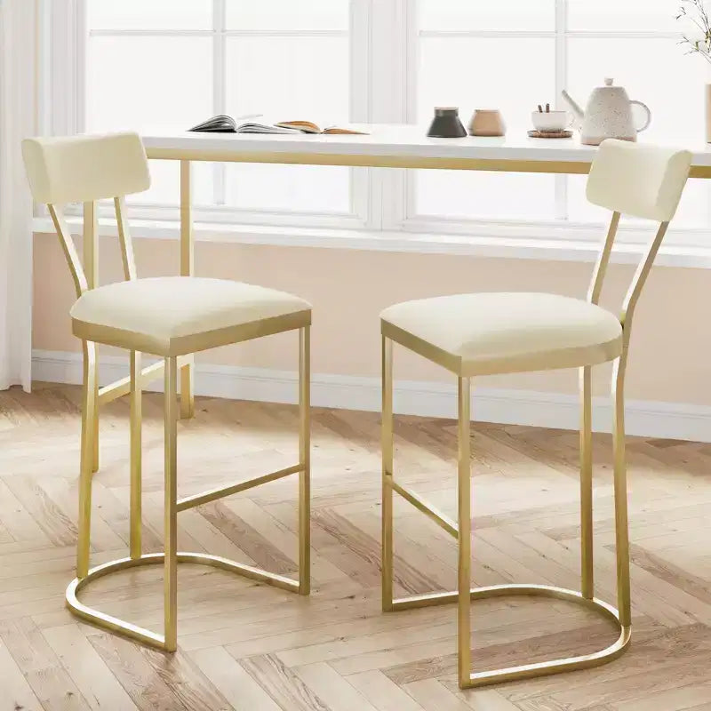 Bar Stools Set of 4  Counter Height Metal Frame with Curved Back, Upholstered Velvet Tall Barstools, Gold, for Kitchen & Dining Room