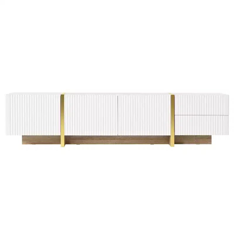 VIYET 74Luxury Fluted TV Stand for 80 TVs, White Media Console w/ Storage Cabinets/Drawers & Golden Wood Grain Legs
