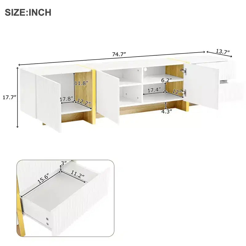 VIYET 74Luxury Fluted TV Stand for 80 TVs, White Media Console w/ Storage Cabinets/Drawers & Golden Wood Grain Legs