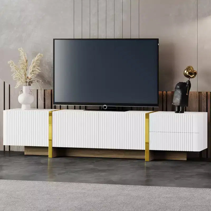 VIYET 74Luxury Fluted TV Stand for 80 TVs, White Media Console w/ Storage Cabinets/Drawers & Golden Wood Grain Legs
