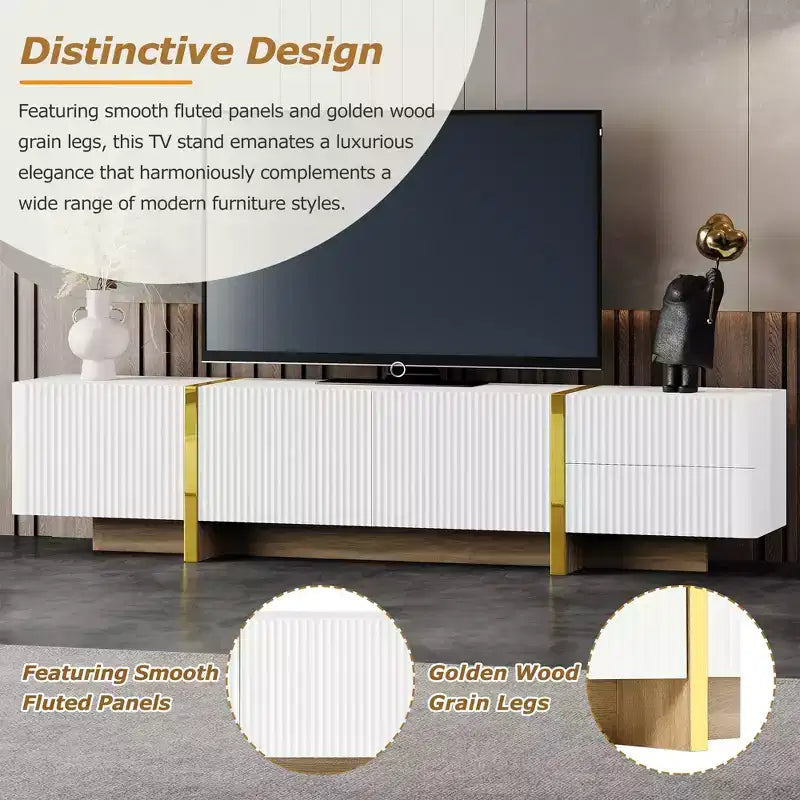 VIYET 74Luxury Fluted TV Stand for 80 TVs, White Media Console w/ Storage Cabinets/Drawers & Golden Wood Grain Legs
