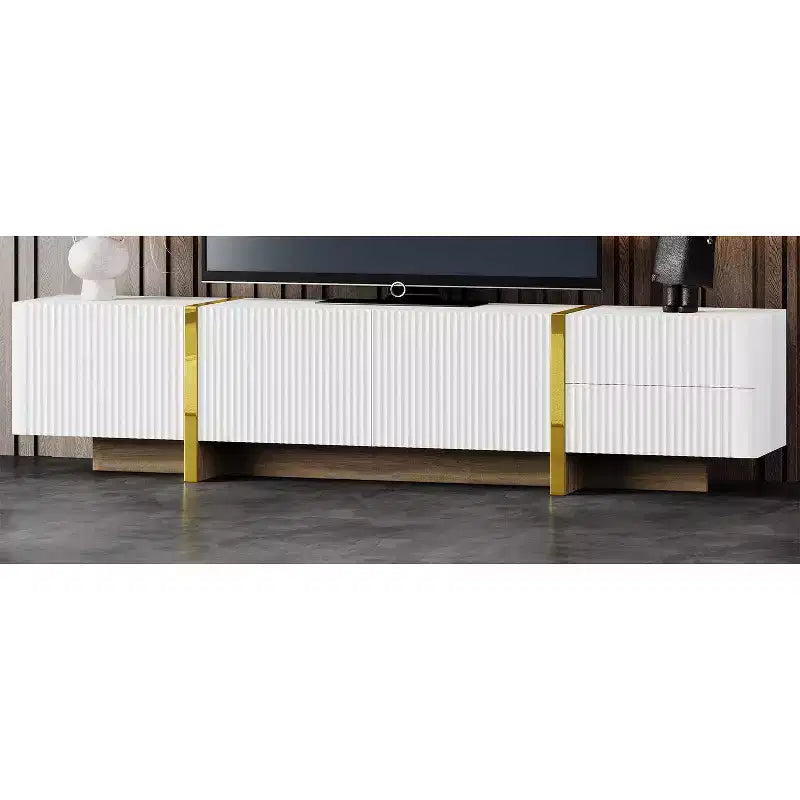 VIYET 74Luxury Fluted TV Stand for 80 TVs, White Media Console w/ Storage Cabinets/Drawers & Golden Wood Grain Legs