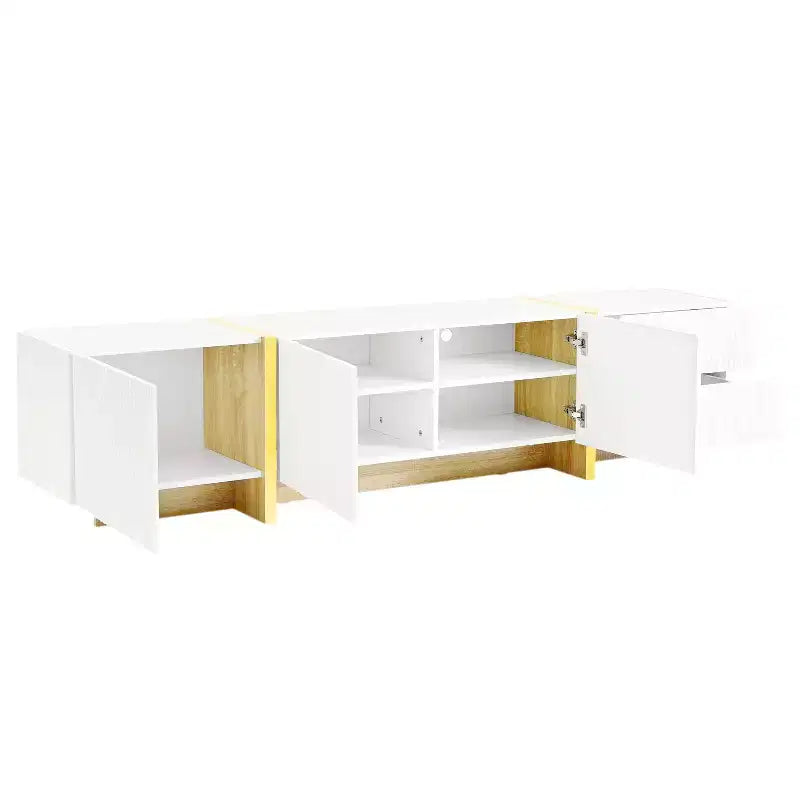 VIYET 74Luxury Fluted TV Stand for 80 TVs, White Media Console w/ Storage Cabinets/Drawers & Golden Wood Grain Legs
