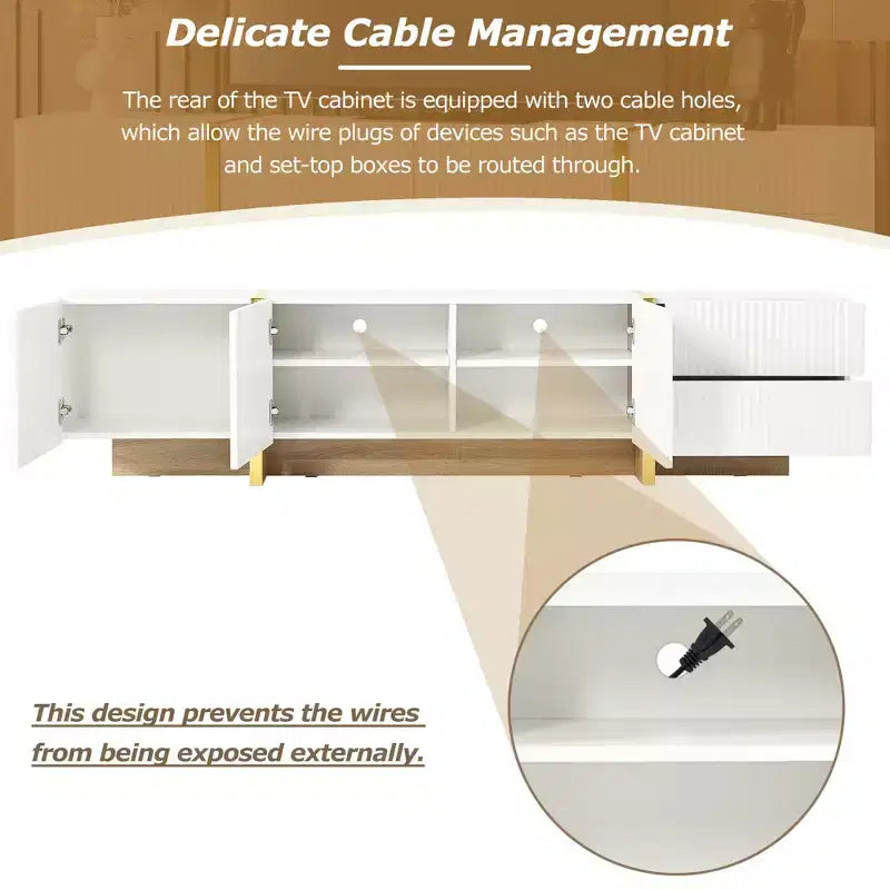 VIYET 74Luxury Fluted TV Stand for 80 TVs, White Media Console w/ Storage Cabinets/Drawers & Golden Wood Grain Legs