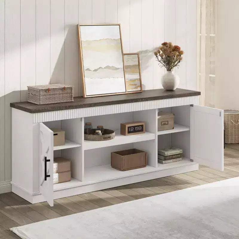 Farmhouse TV Stand for Tv Up to70 in, Fluted Entertainment Center w/ 2 Doors, 65 in Rustic Television Consoles Stands for Living Room, Bedroom