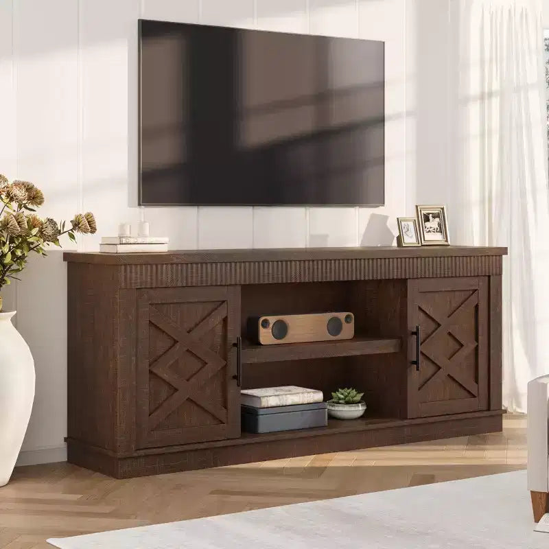 Farmhouse TV Stand for Tv Up to70 in, Fluted Entertainment Center w/ 2 Doors, 65 in Rustic Television Consoles Stands for Living Room, Bedroom