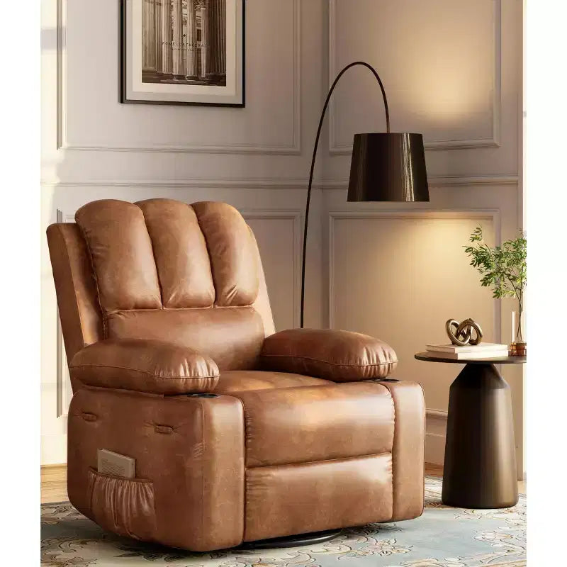 Manual Recliner Chair for Adults  PU Faux Leather, Massage Lounge, 360 Swivel  Cup Holders, Side Pocket  Modern Single Sofa Seat