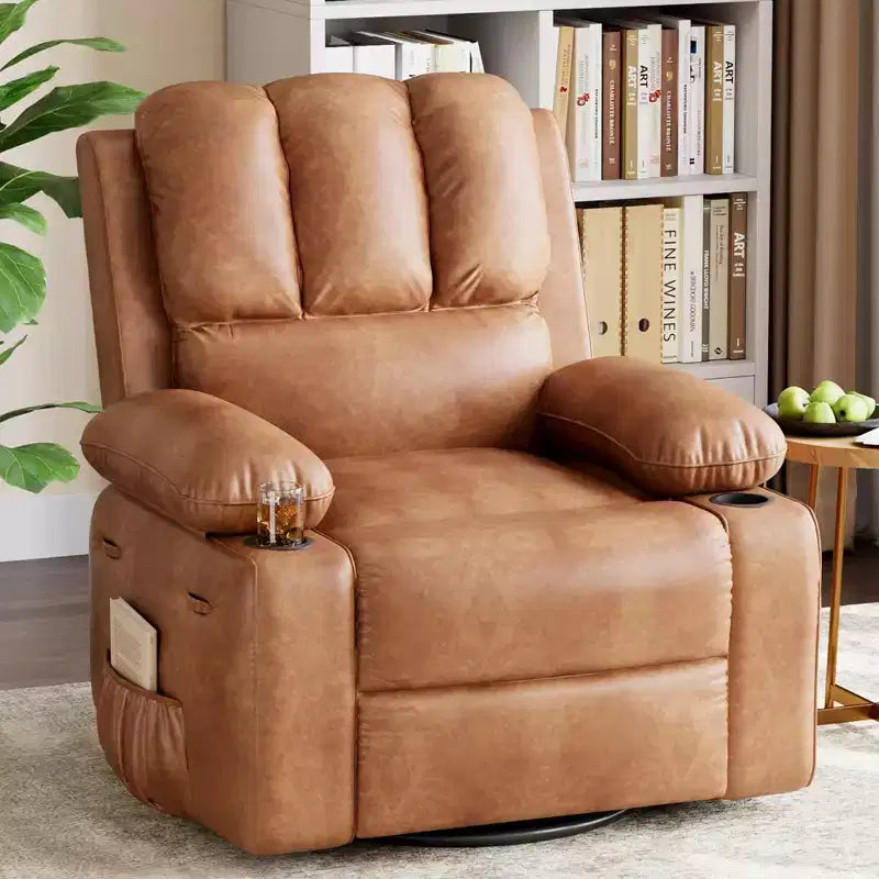Fauteuil inclinable manuel pour adultes – Similicuir PU, fauteuil de massage, pivotant à 360°, porte-gobelets, poche latérale – Canapé simple moderne