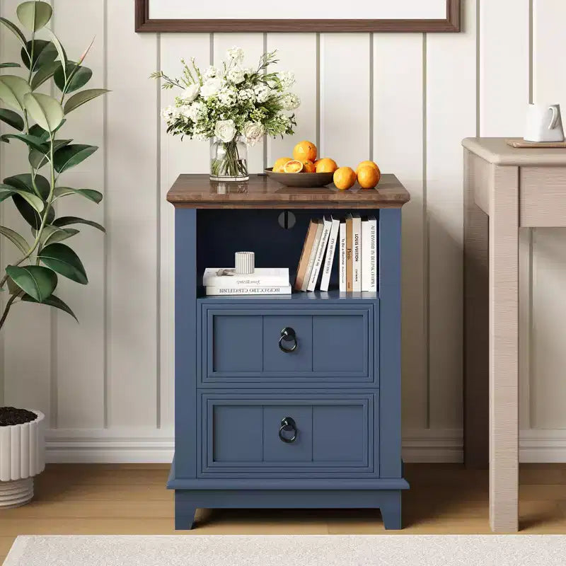 18 Fluted Wood Nightstand,Modern 2-Drawer Bedside Table with Charging Station & Shelf, Blue End Table for Bedroom, Office, Dorm