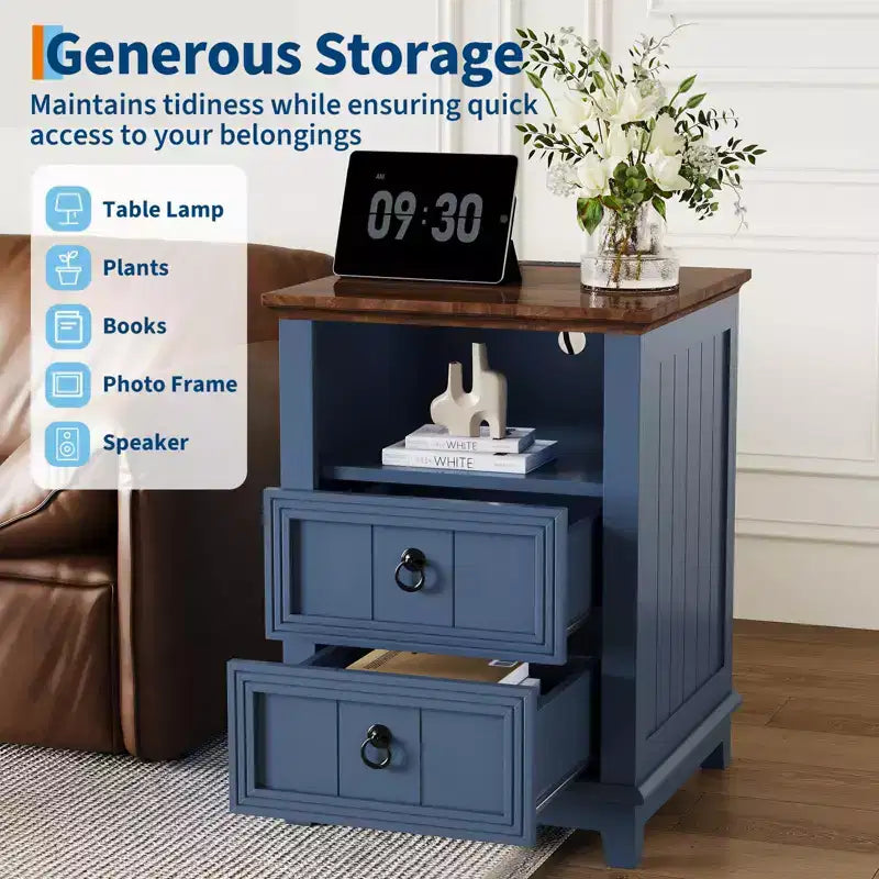 18 Fluted Wood Nightstand,Modern 2-Drawer Bedside Table with Charging Station & Shelf, Blue End Table for Bedroom, Office, Dorm