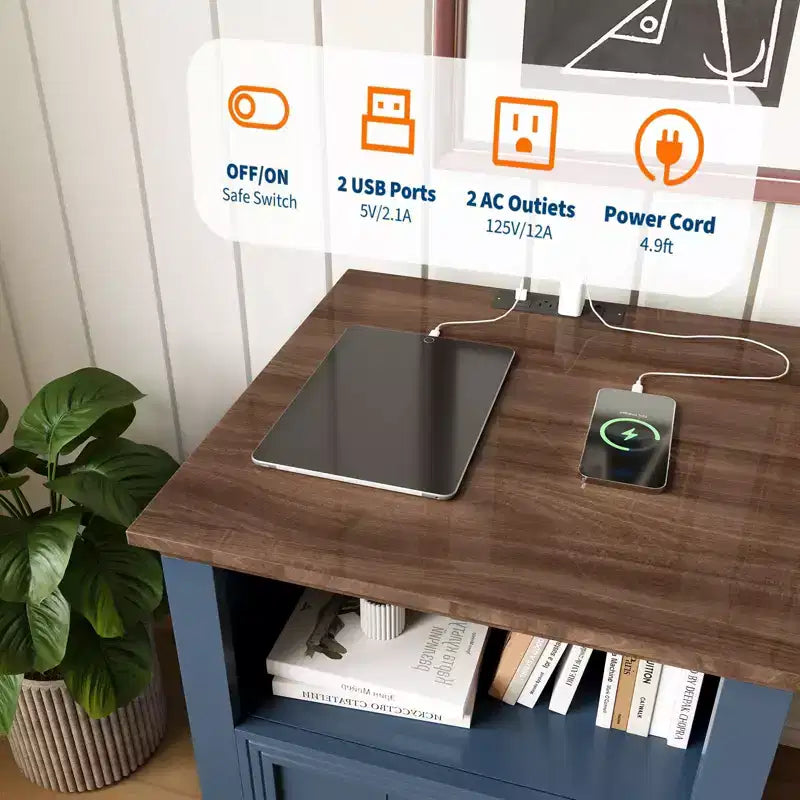 18 Fluted Wood Nightstand,Modern 2-Drawer Bedside Table with Charging Station & Shelf, Blue End Table for Bedroom, Office, Dorm